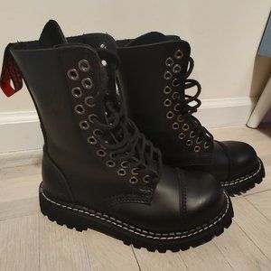 Angry Itch 10 Double Eyelet Boots With Steel Toe Cap Black Leather